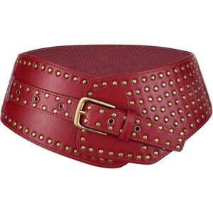 Women's Elastic Wide Belt Vintage Studded Stretchy Waist Belt Dress Pants Red